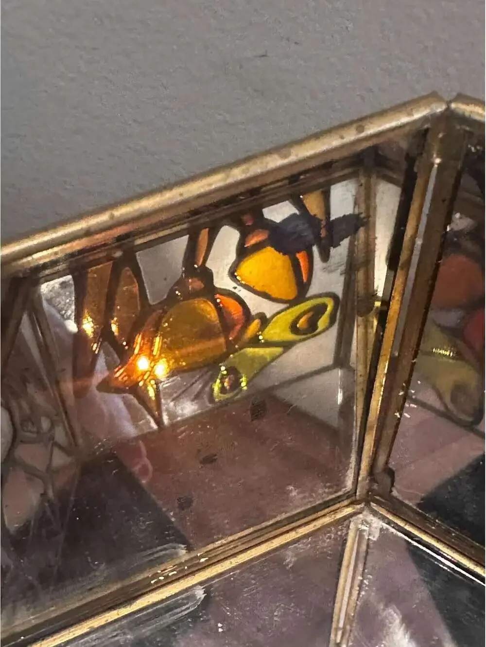 Vintage Faux Stain Glass Butterfly Flower Mirrored Candleholder